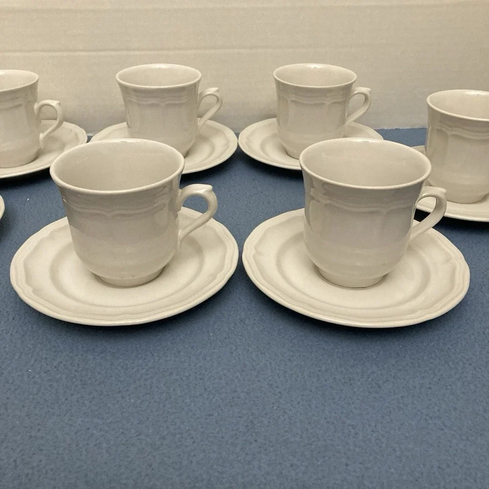 Stoneware Country White French Country Design Coffee Cup‎ with Saucer - Set of 7